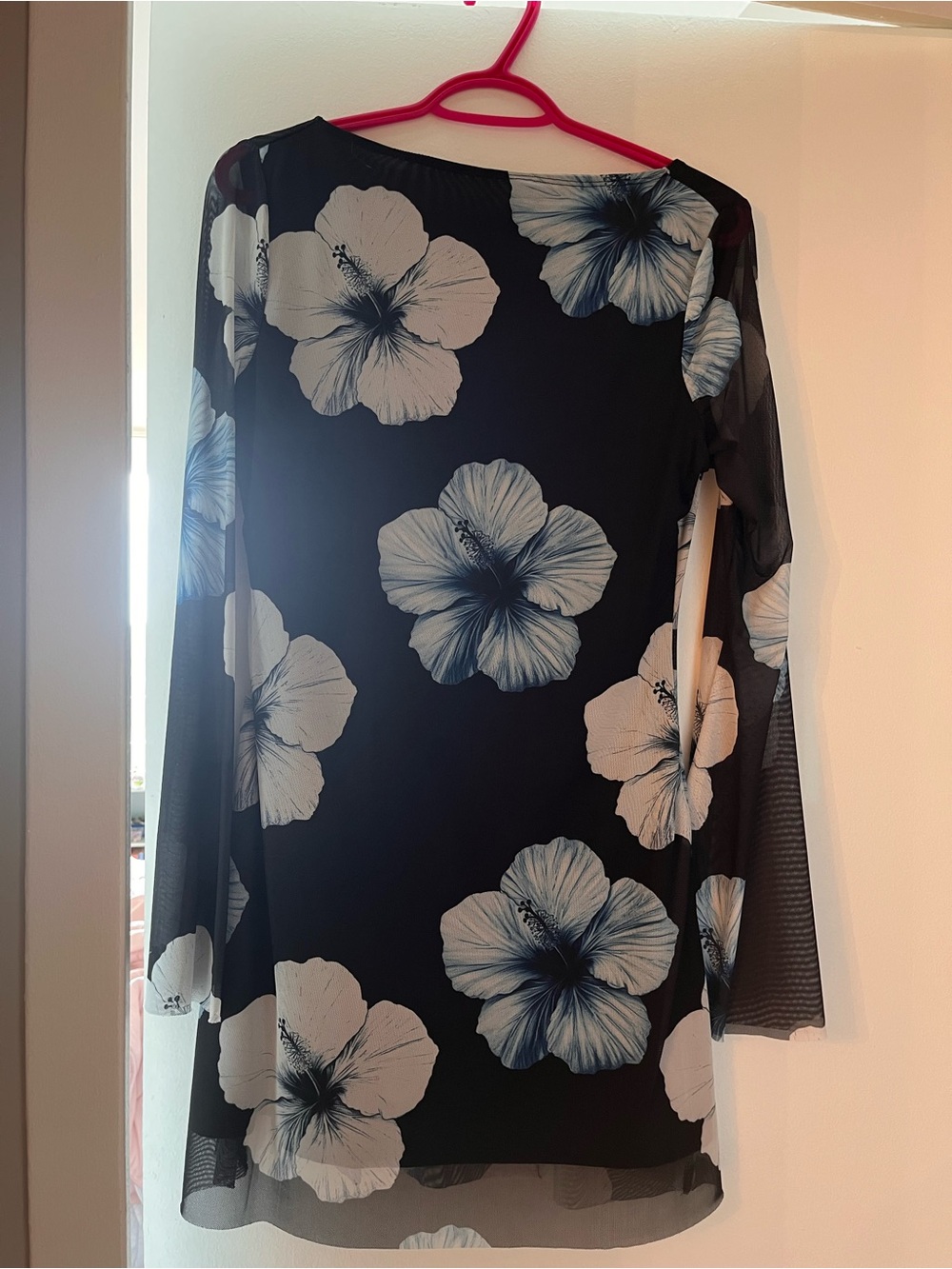 SHEIN Black Long-Sleeve Mesh Dress with White Floral Print